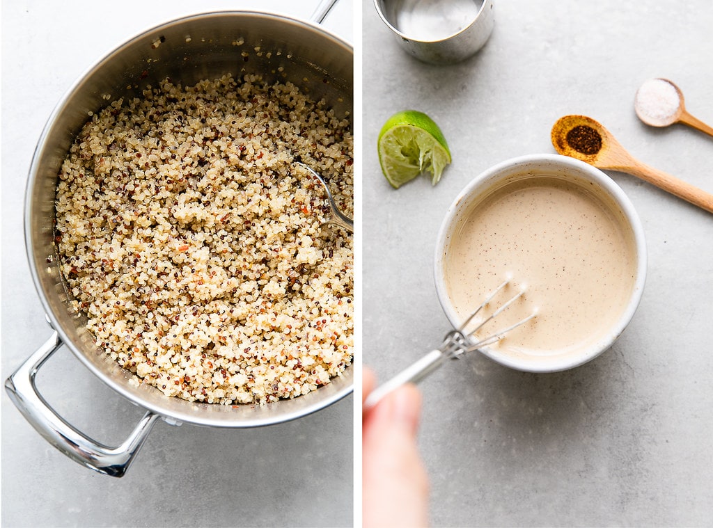 side by side photos of cooked quinoa and chipotle tahini dressing.