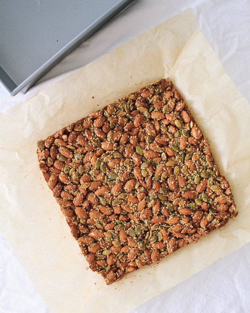 spicy nut and seed bar finished hardening and pulled out of the pan.