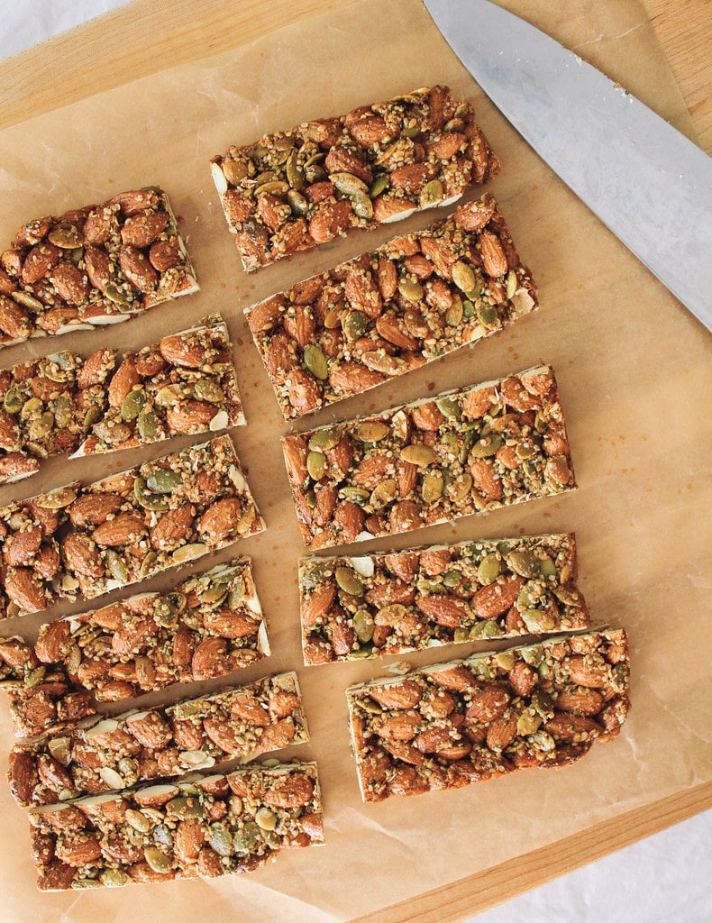 spicy nut and seed bar cut into slices.