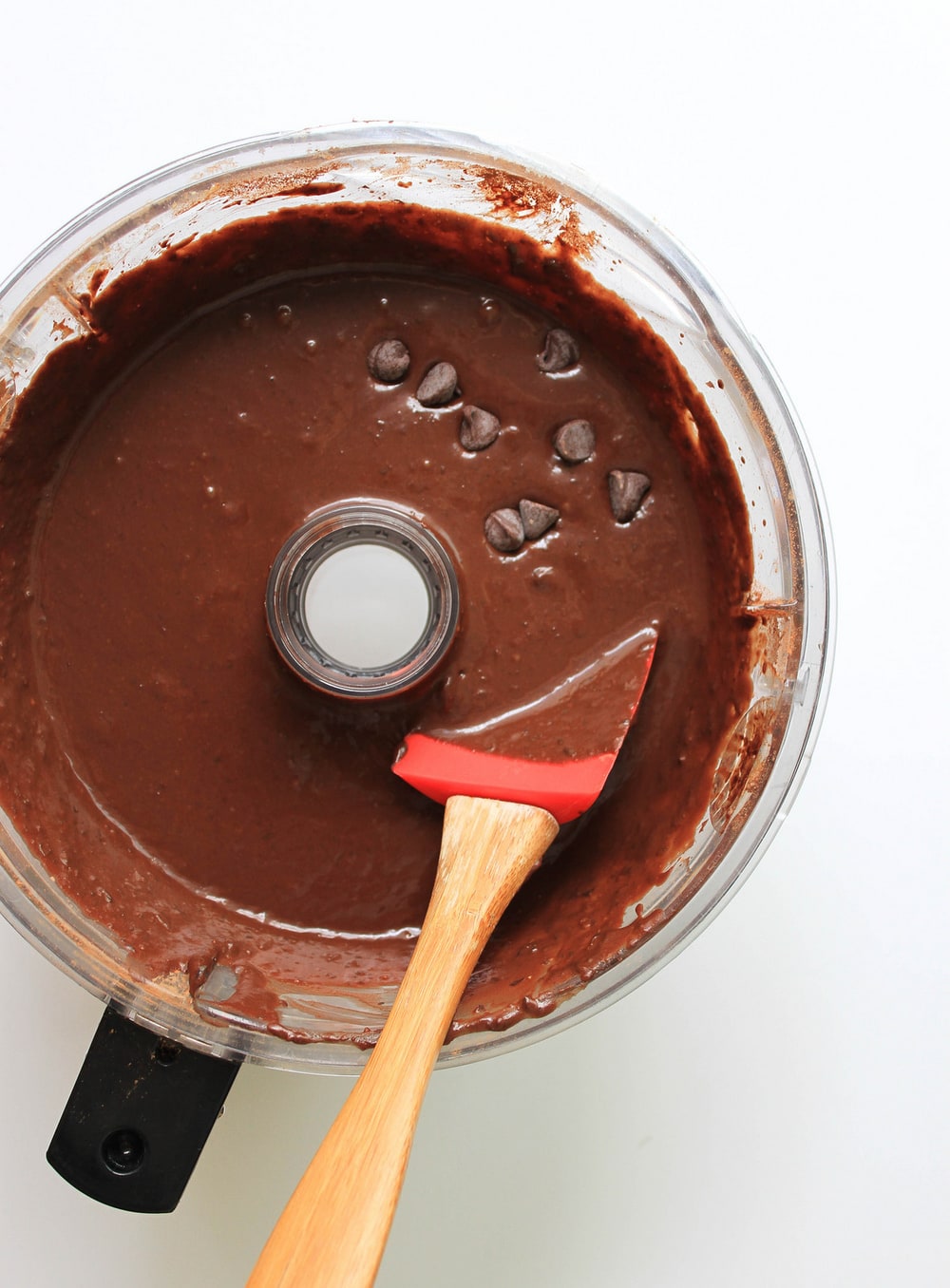 top down view of brownie batter in food processor.