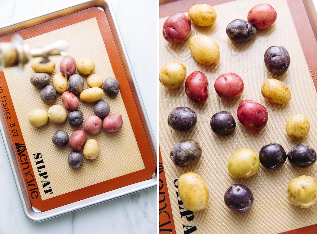side by side photos showing the process of prepping baby potatoes.