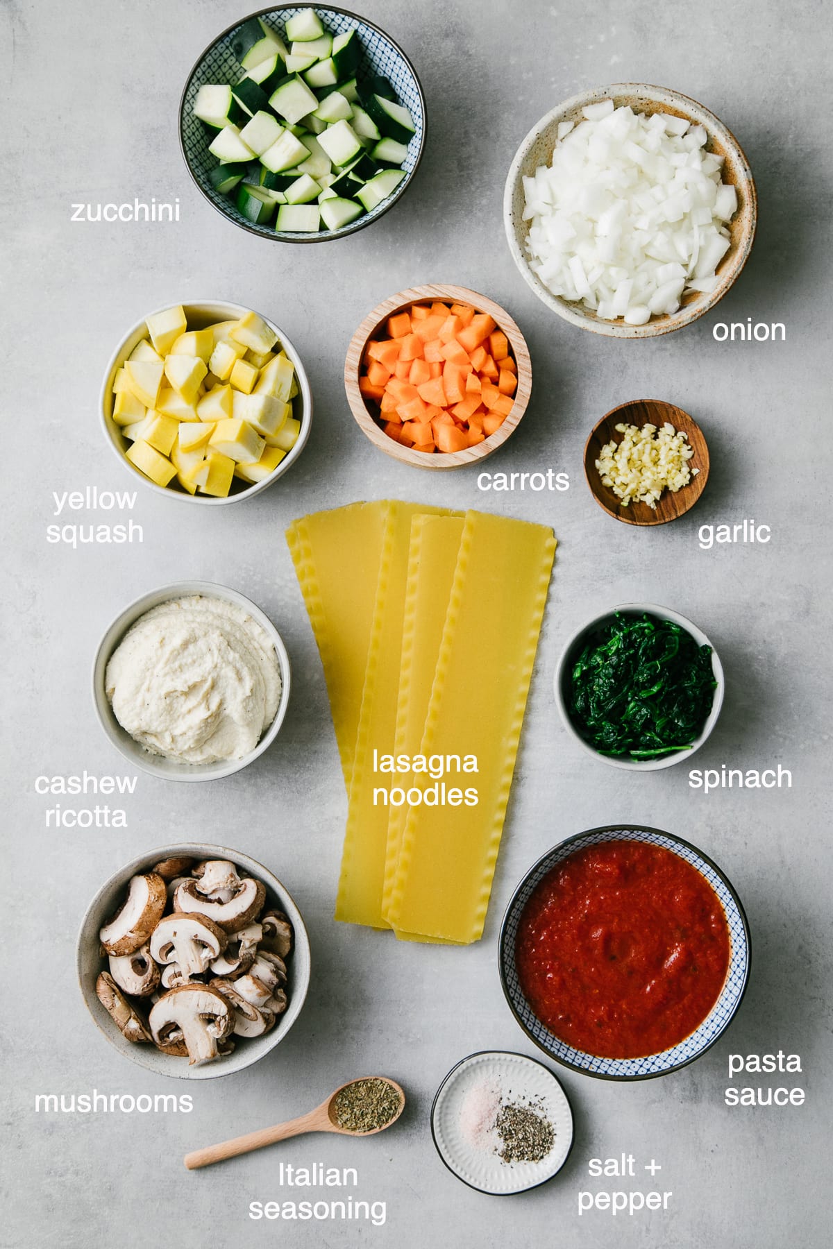 top down view of ingredients used to make vegetable vegan lasagna.