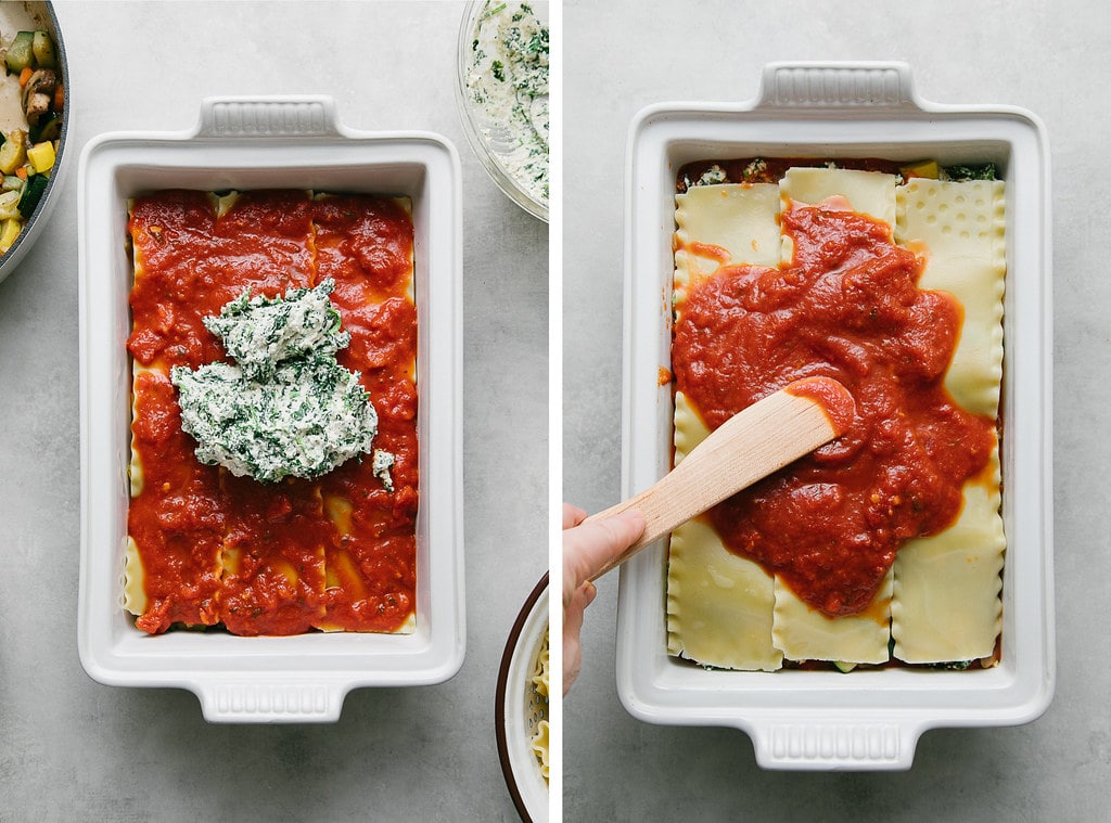 side by side photos showing steps for layering vegan lasagna.