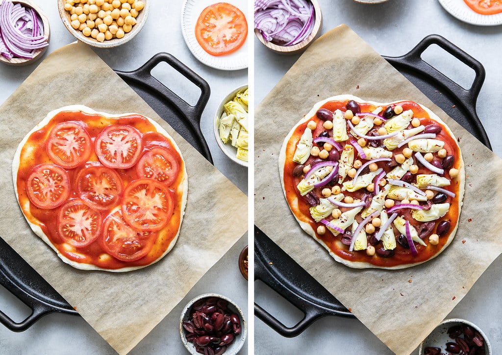 side by side photos showing the process of adding toppings on pizza dough before baking.