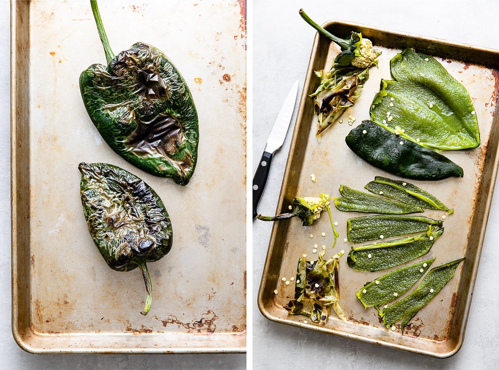 side by side photos showing the process of prepping roasted poblano peppers.
