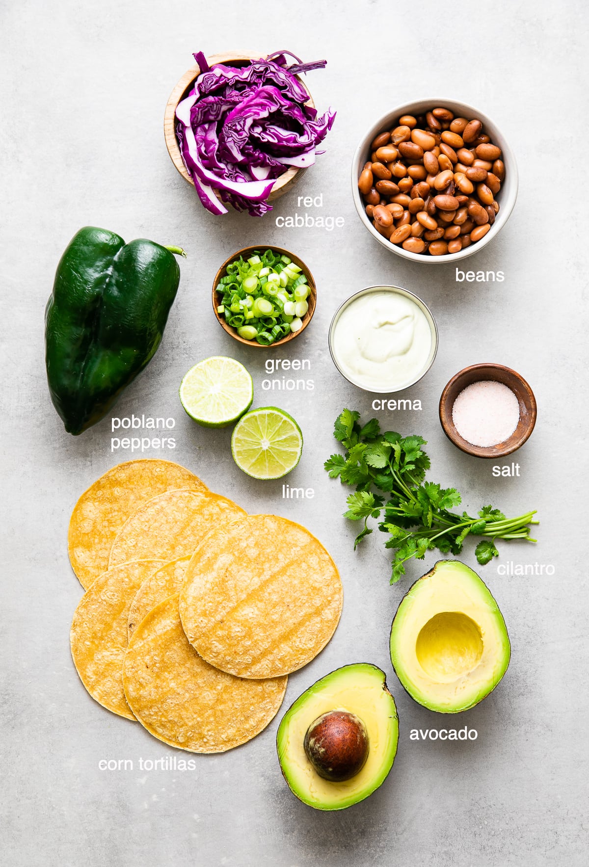 top down view of ingredients used to make the best healthy poblano tacos.