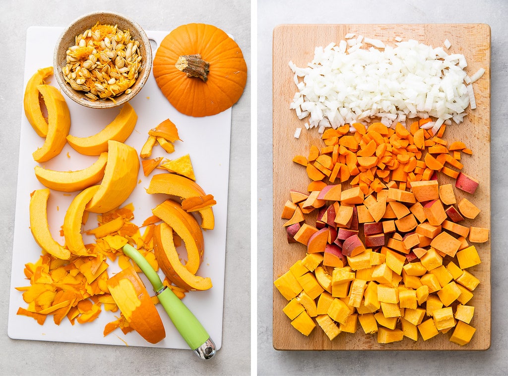 side by side photos showing prepped pumpkin and veggies.