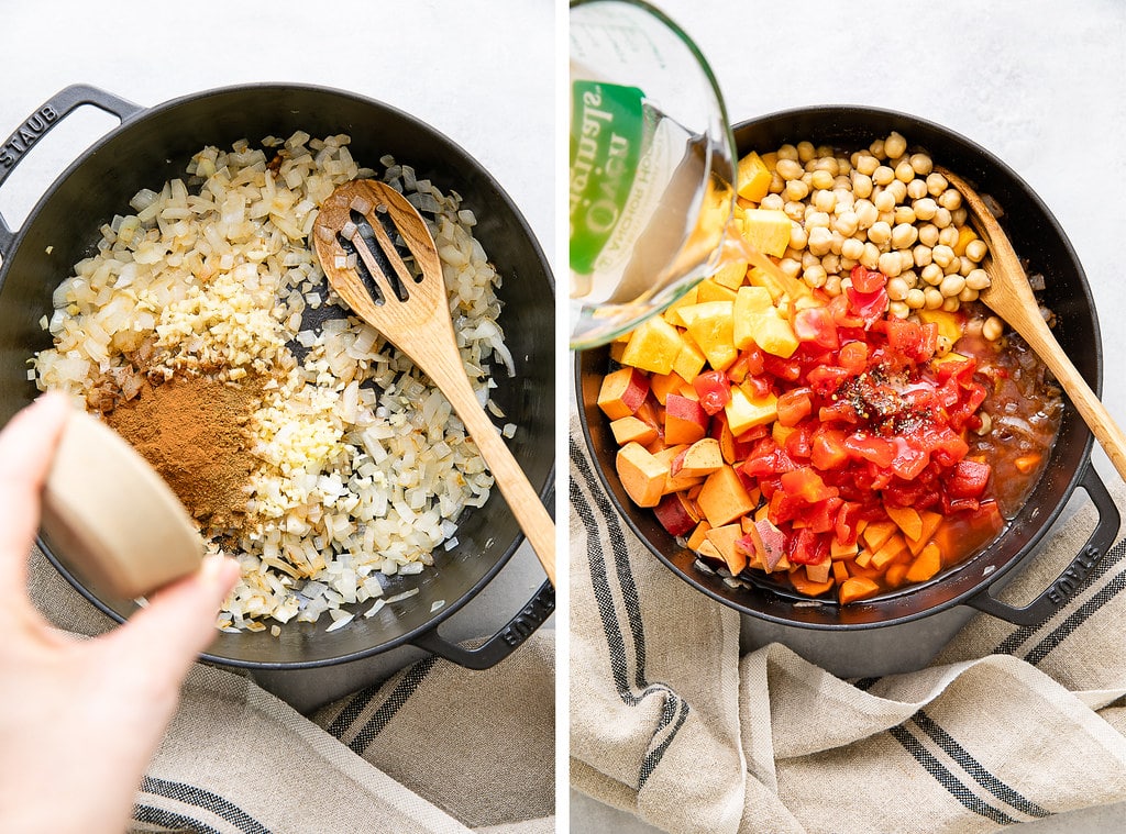 side by side photos showing the process of sauteing aromatics and adding veggies to make morroccan pumpkin chickpea stew.
