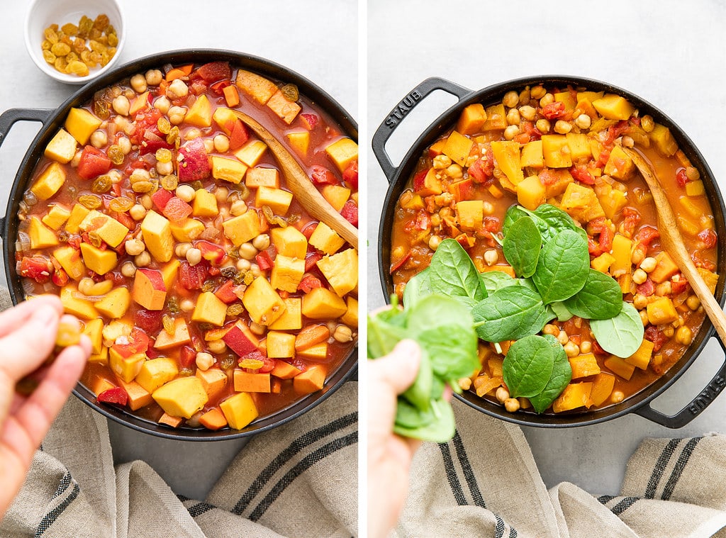 side by side photos showing the process of simmering moroccan chickpea stew and adding spinach.