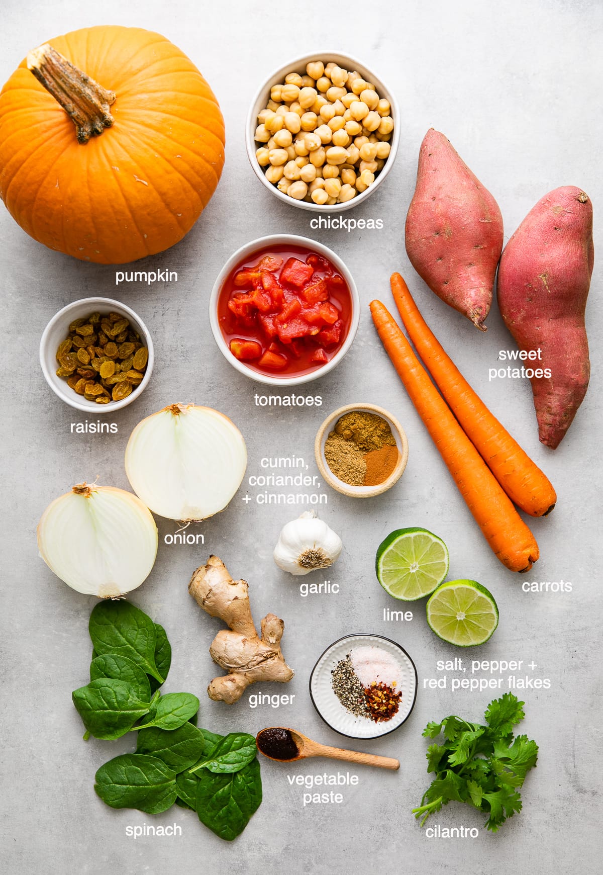 top down view of ingredients used to make moroccan pumpkin and chickpea stew recipe.