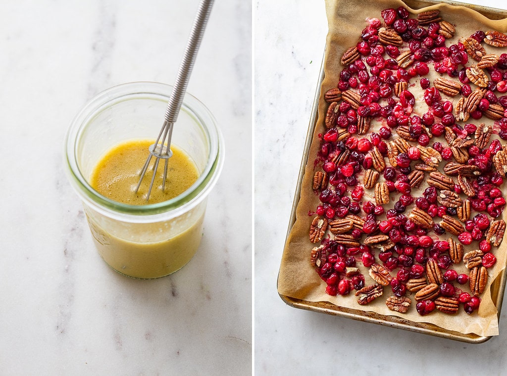 side by side photos of delicata squash salad dressing and freshly roasted cranberries and pecans.