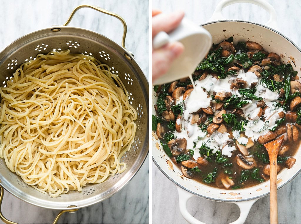 side by side photos of fresh cooked pasta in a colander and cream being added to sauteed veggies.