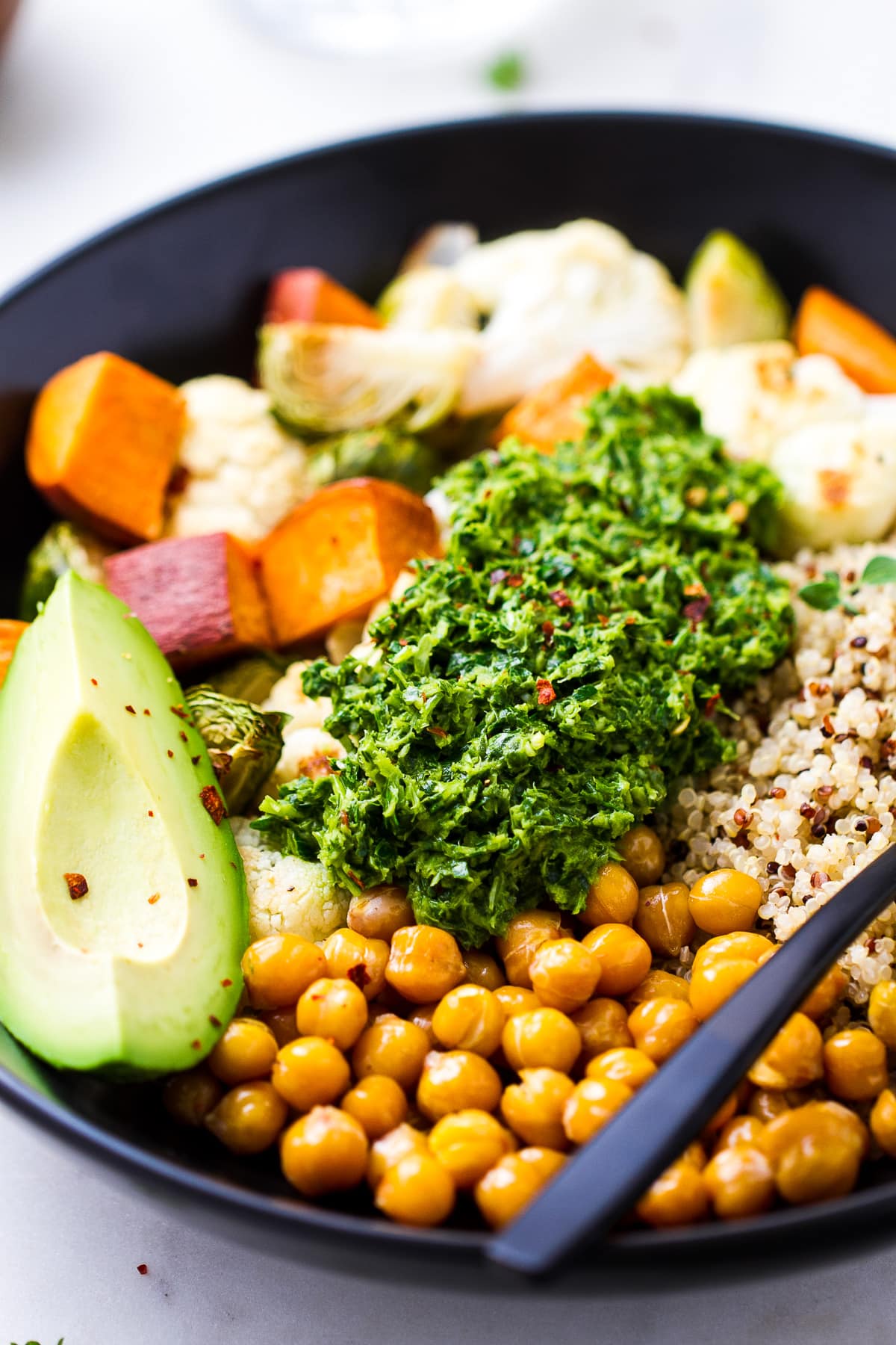 side angle view of healthy chimichurri nourish bowl.