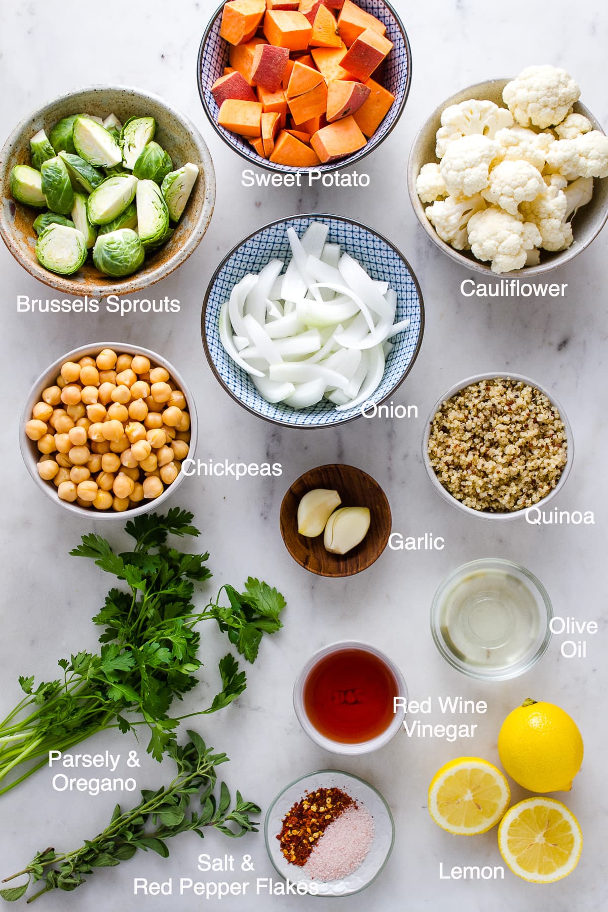 top down view of ingredients used to make chimichurri nourish bowl.