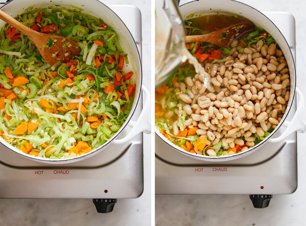 side by side photos of the process of making healthy lemony kale and white bean soup with leeks.