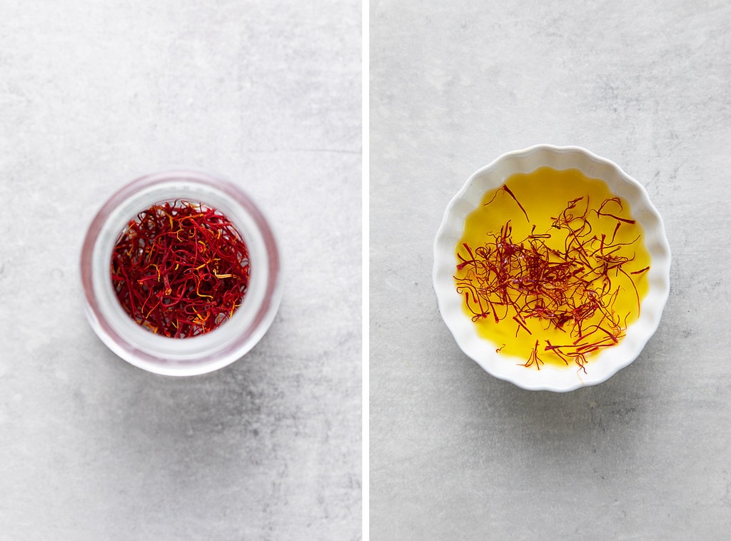 side by side photos of saffron in bottle and seeping in water.