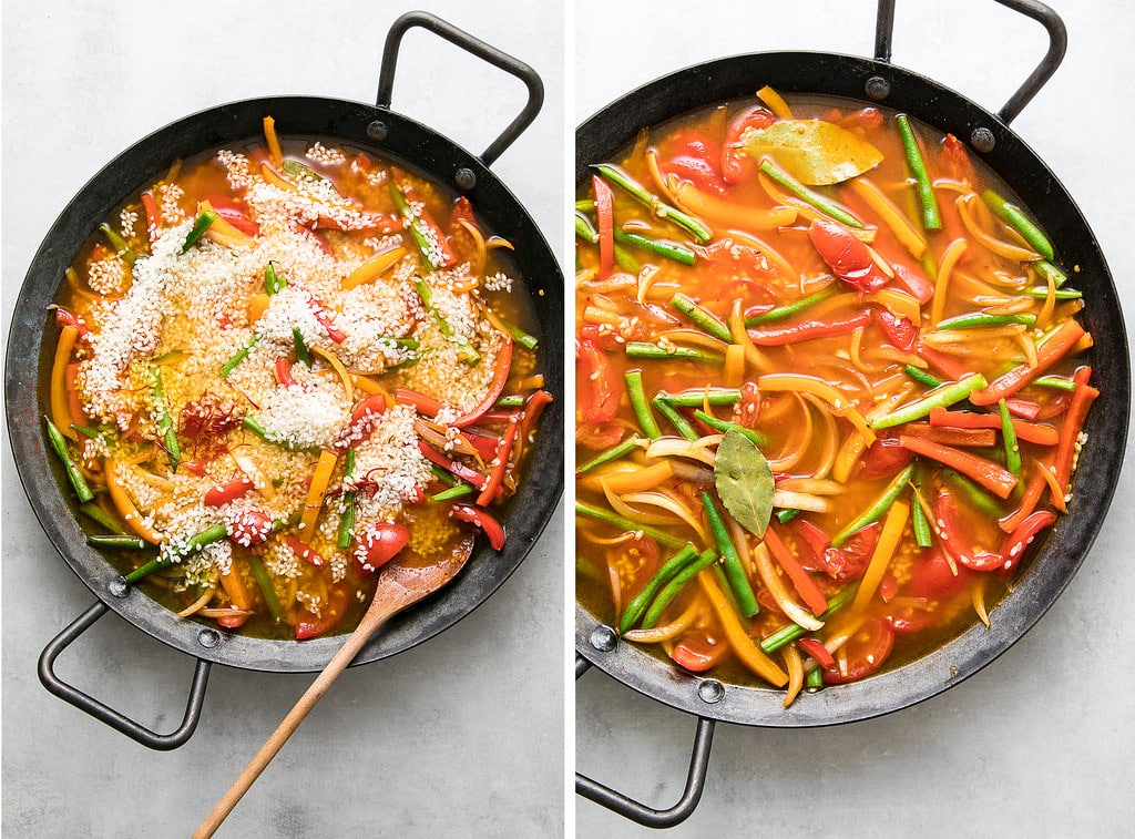 side by side photos showing the process of making vegetable paella.