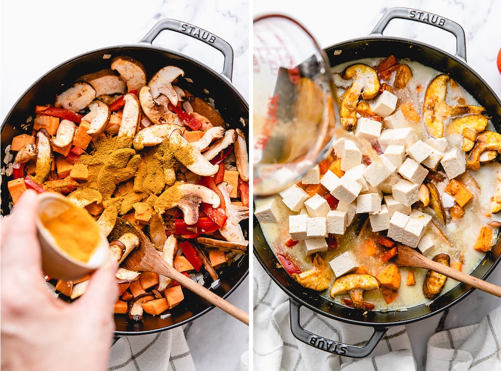 side by side photos showing the process of making vegan curry tofu.