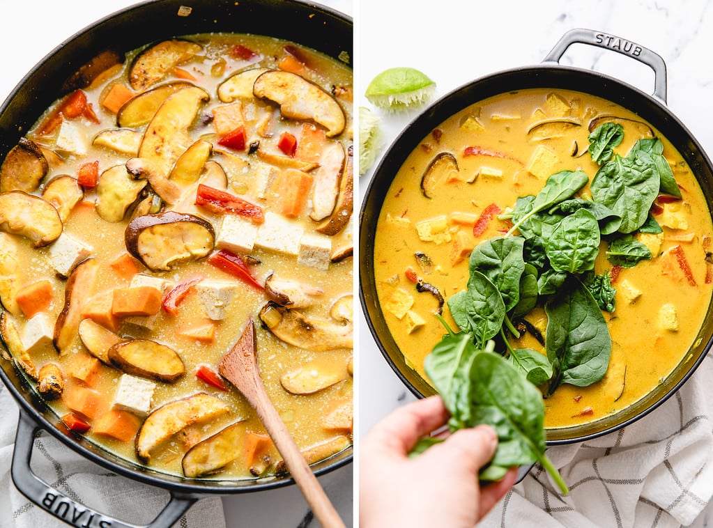side by side photos showing the process of adding spinach to curry tofu.