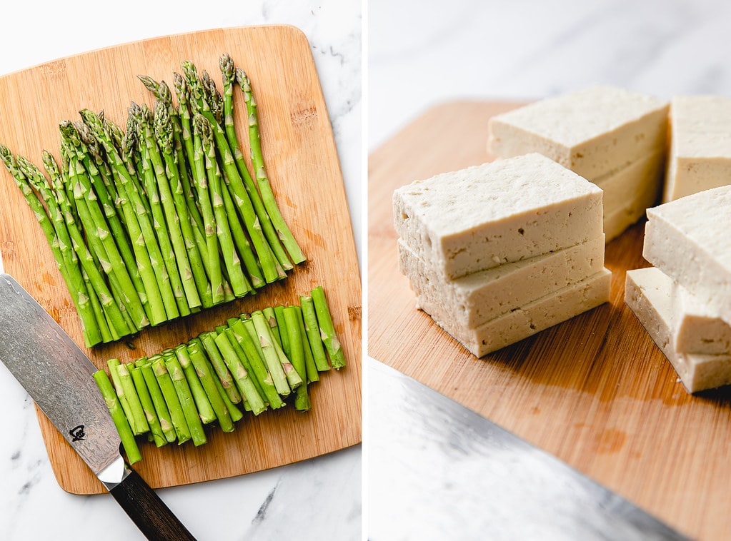 side by side photos of trimmed asparagus and tofu cut into slices.