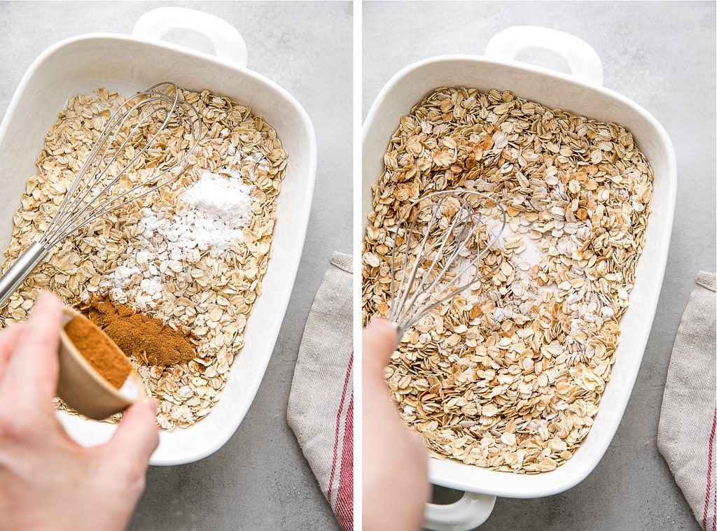 side by side photos of mixing dry ingredients for baked oatmeal.