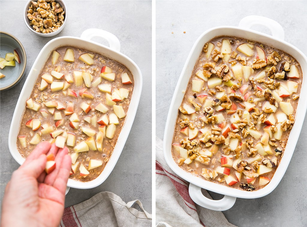 side by side photos showing topping oatmeal with apples and walnuts.
