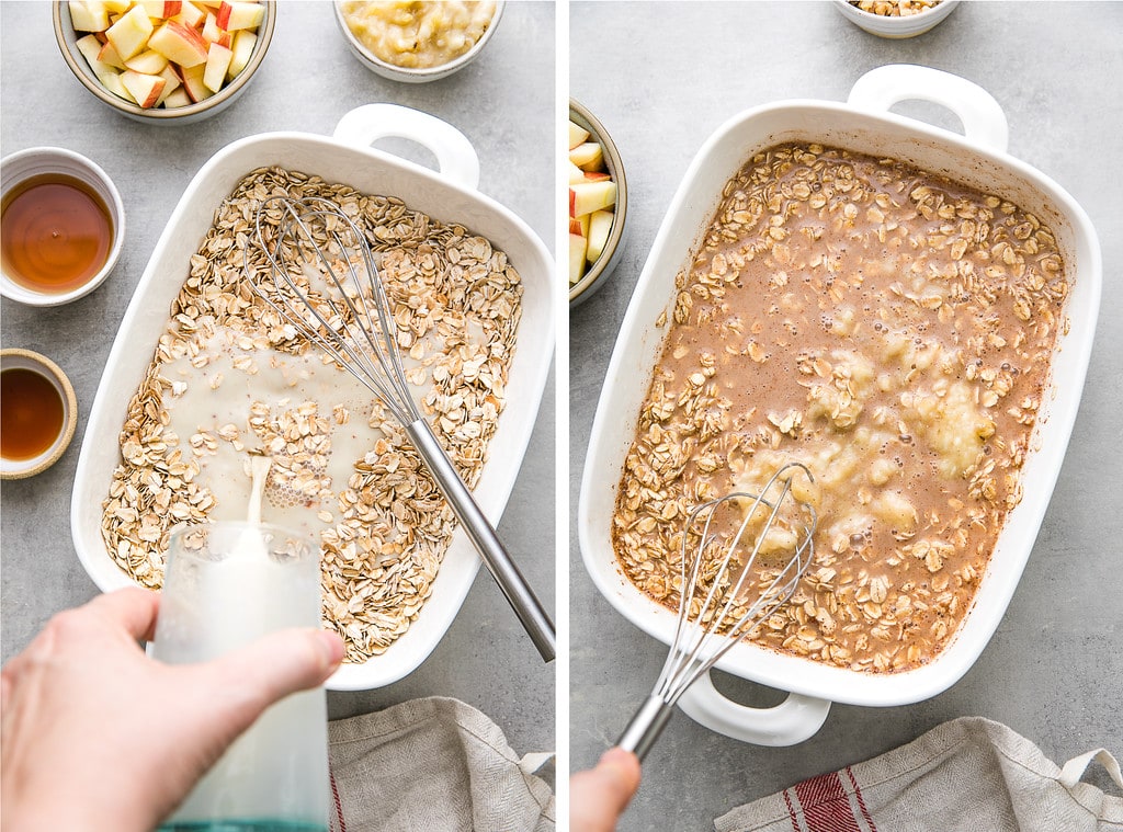 side by side photos of mixing wet ingredients into dry oatmeal.