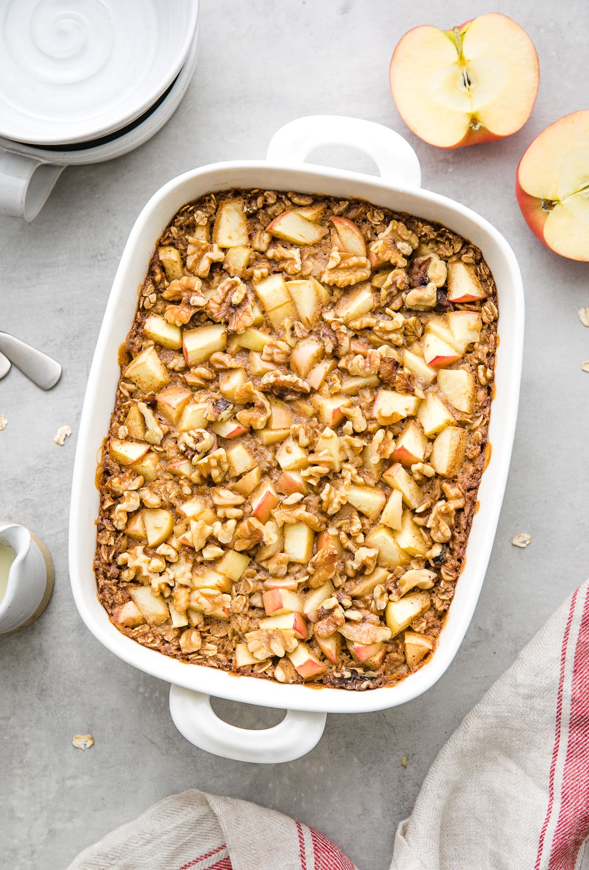 top down view of freshly made healthy apple baked oatmeal.