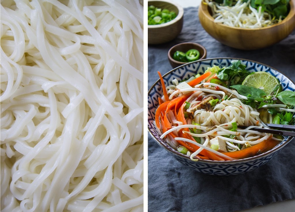 side by side photos showing rice noodles and bowl with rice noodles and vegan pho.