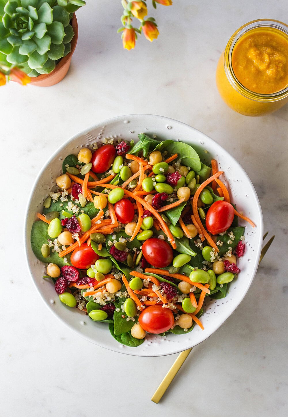 SUPER SPINACH SALAD + CARROT MISO GINGER DRESSING ready to eat