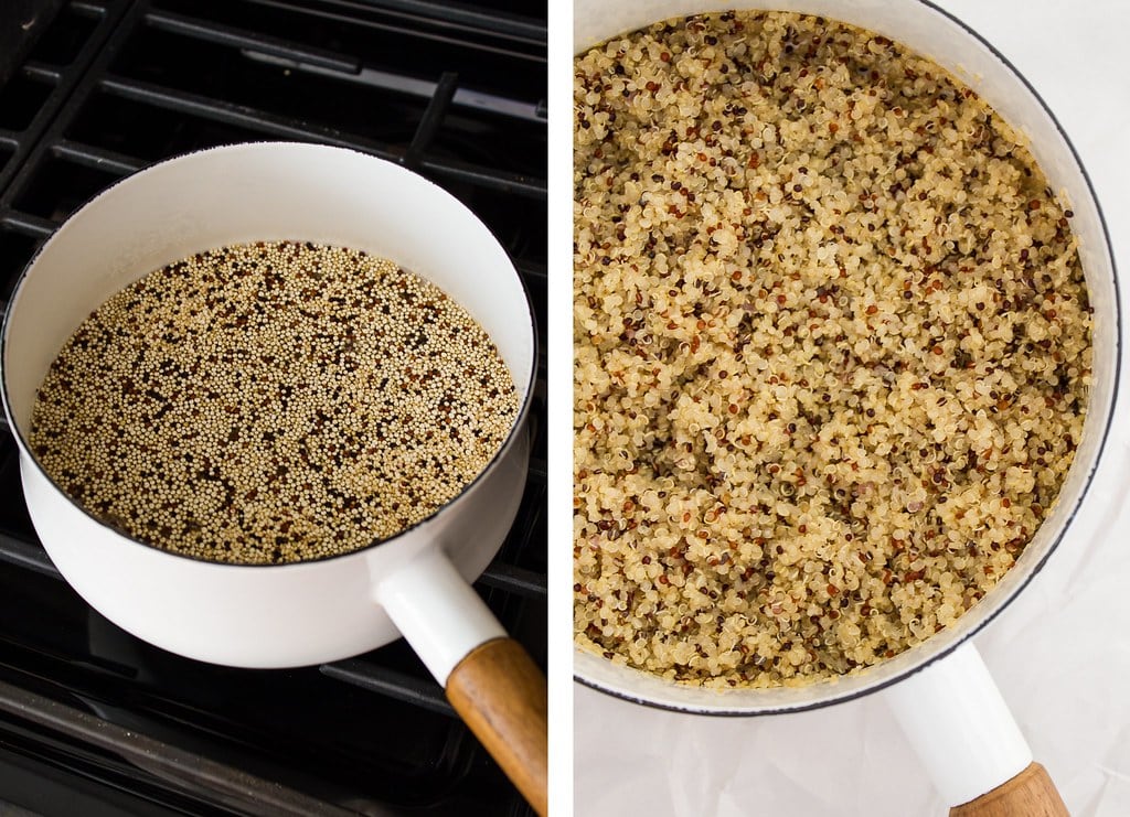 side by side photo showing the process of making quinoa.