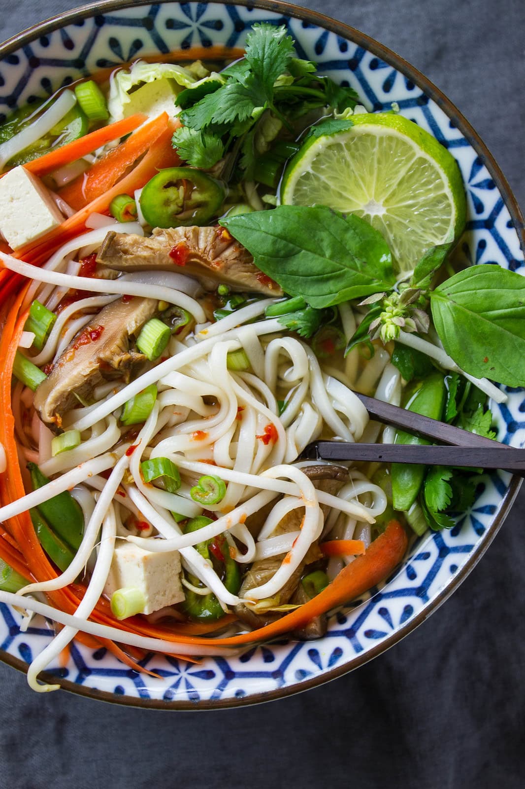 up close view of vegan pho with veggies, tofu and herbs.