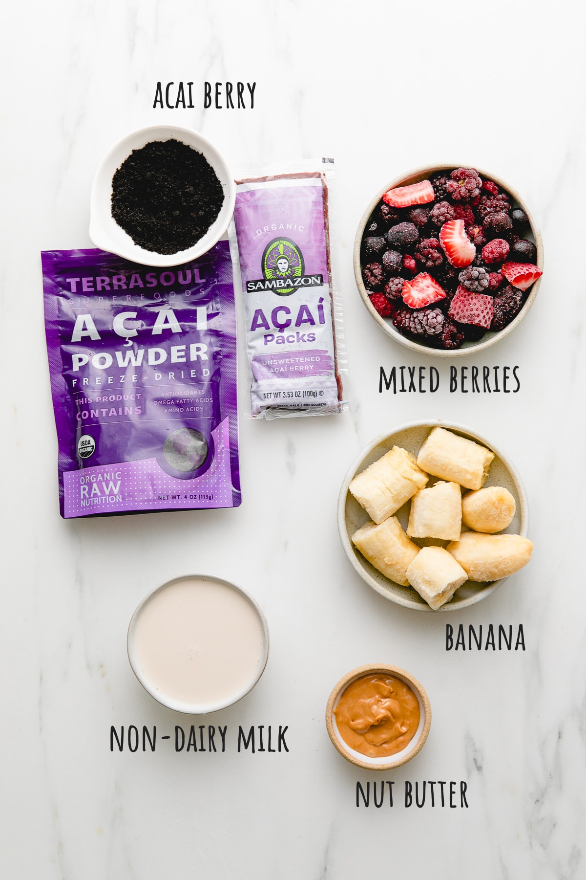 top down view of ingredients used to make healthy acai bowl recipe.