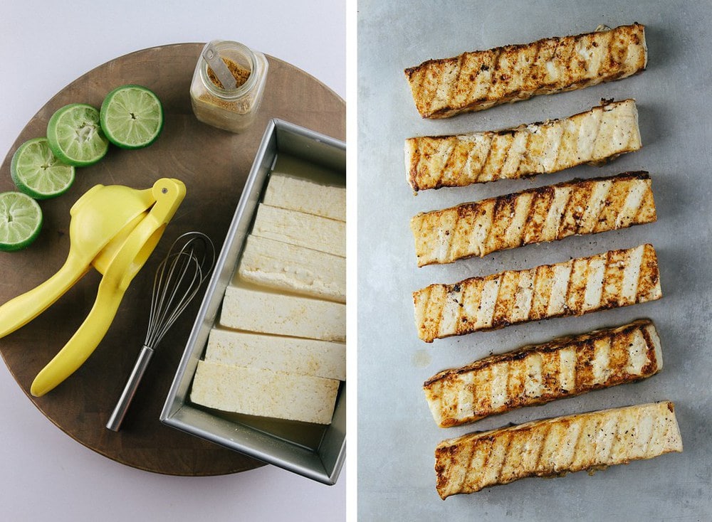 top down, side by side view of tofu marinating, next to tofu grilled