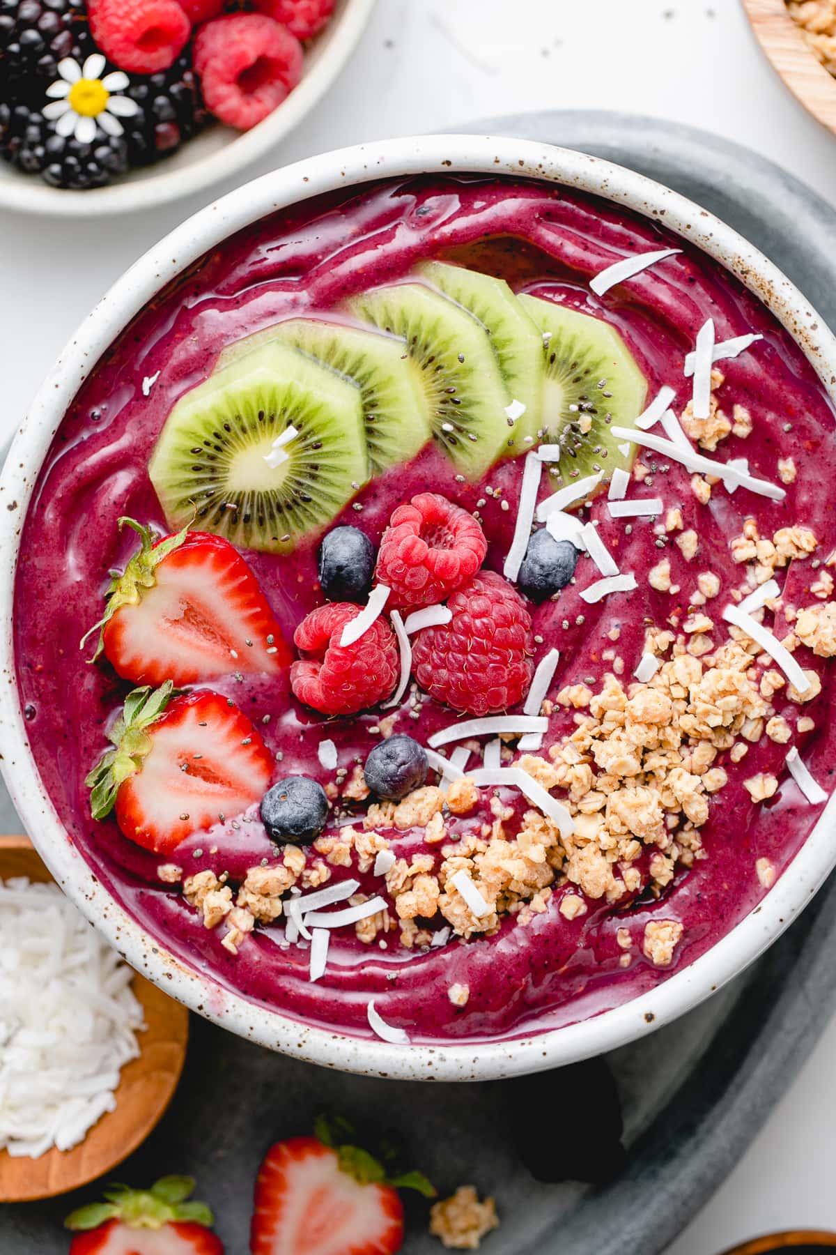 top down view of super acai bowl with toppings.