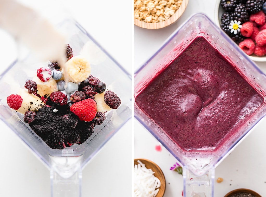 side by side photos showing the process of making homemade acai bowl in a blender.