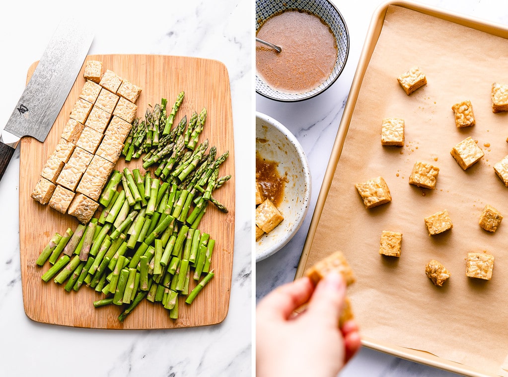 side by side photos showing the process of prepping tempeh and asparagus.
