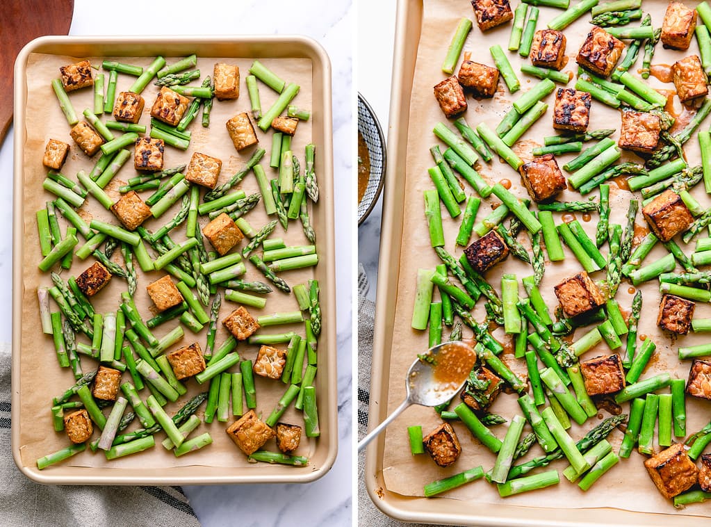 side by side photos showing the process of roasting tempeh and asparagus.