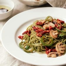 BASIL-WALNUT PESTO + MUSHROOMS, JALAPENO & SUN-DRIED TOMATOES