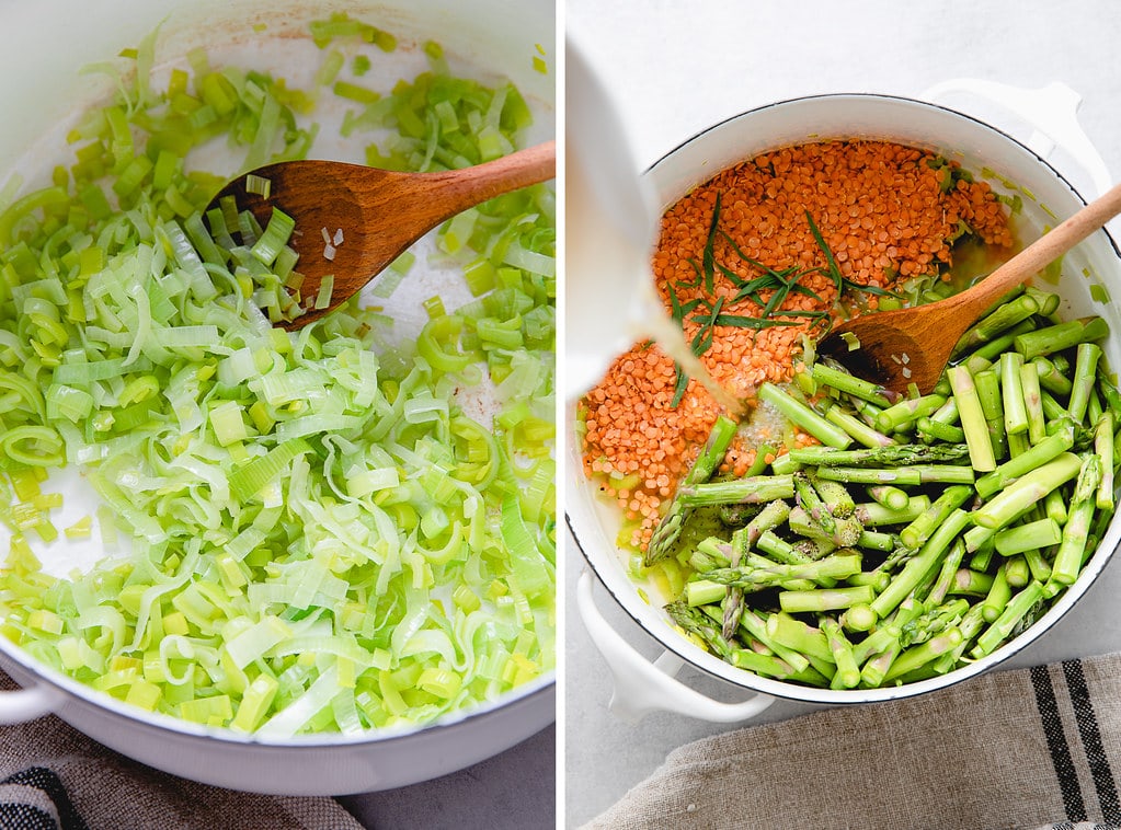 side by side photos showing the process of making vegan asparagus soup.