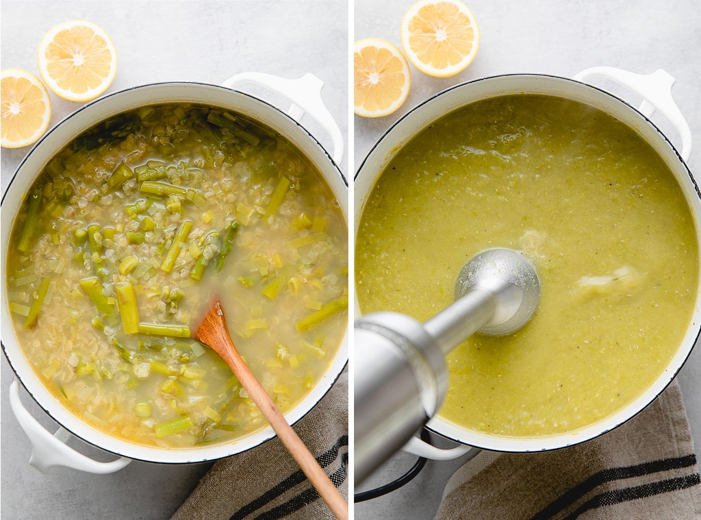 side by side photos showing simmered soup and asparagus soup being pureed.