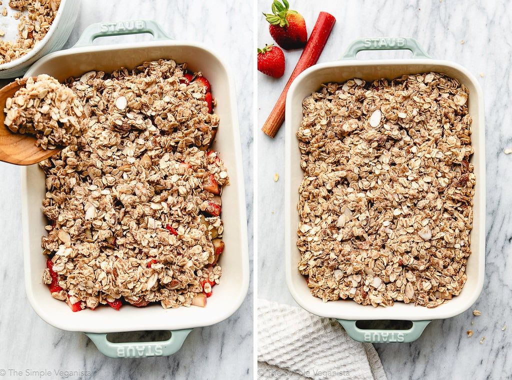 side by side process steps of for adding crisp topping before baking.