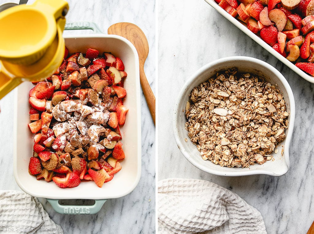 side by side process steps of mixing the fruit filling and making the crisp topping.