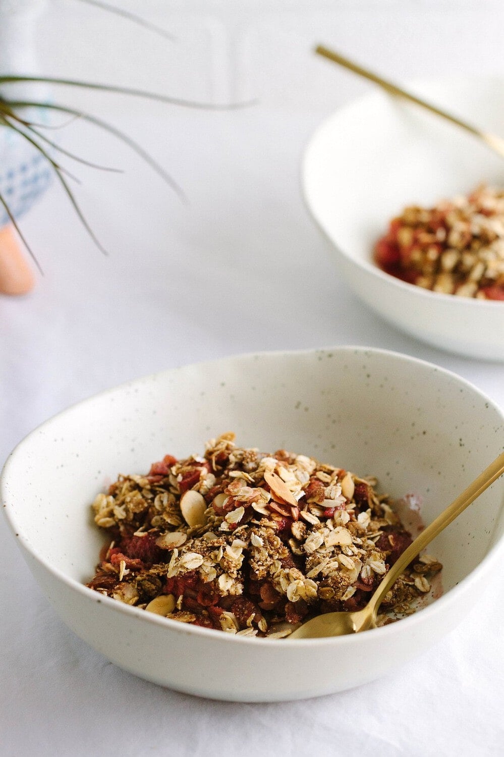 side angle view of a serving of easy strawberry rhubarb crisp in a bowl.