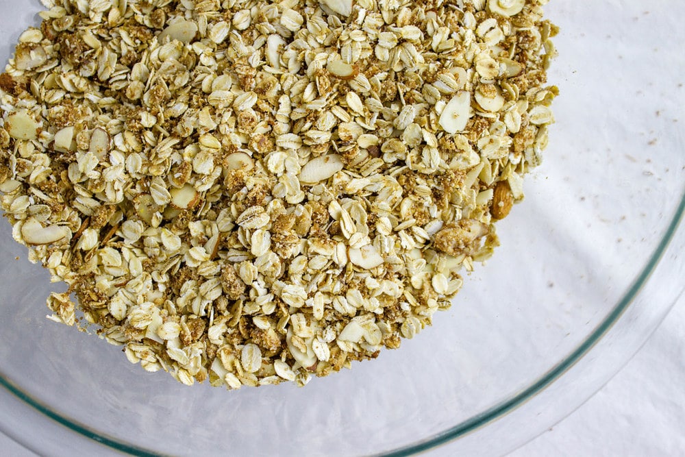 top down view of oatmeal topping for healthy strawberry rhubarb crisp.