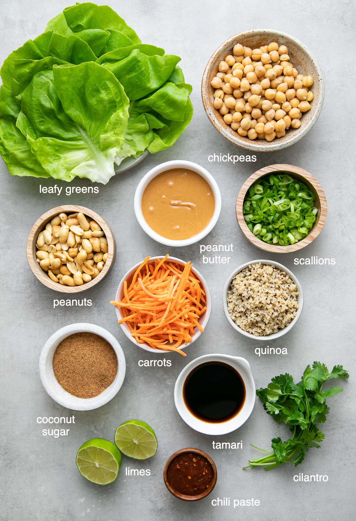 top down view of ingredients used to make thai quinoa meatballs lettuce wraps.