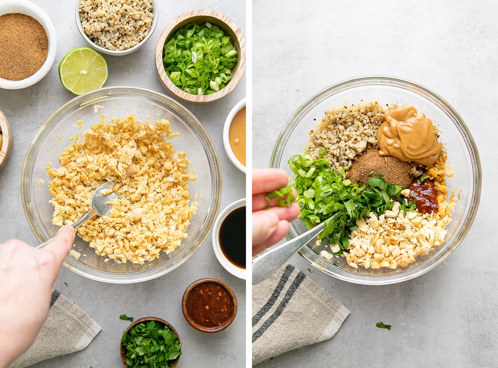 side by side photos showing the process of making thai quinoa meatballs.