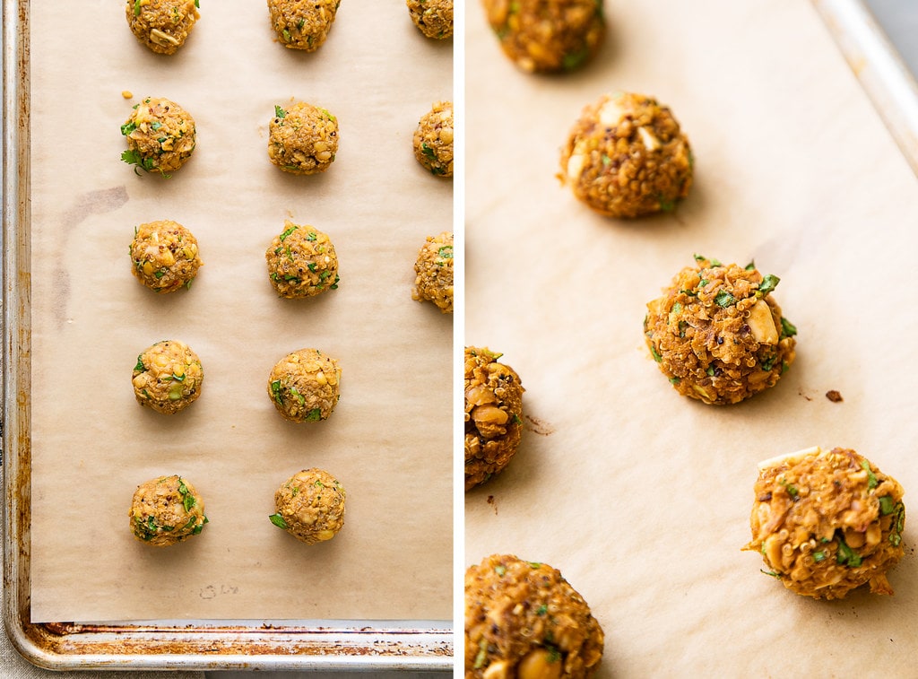 side by side photos showing the process of baking thai quinoa meatballs.