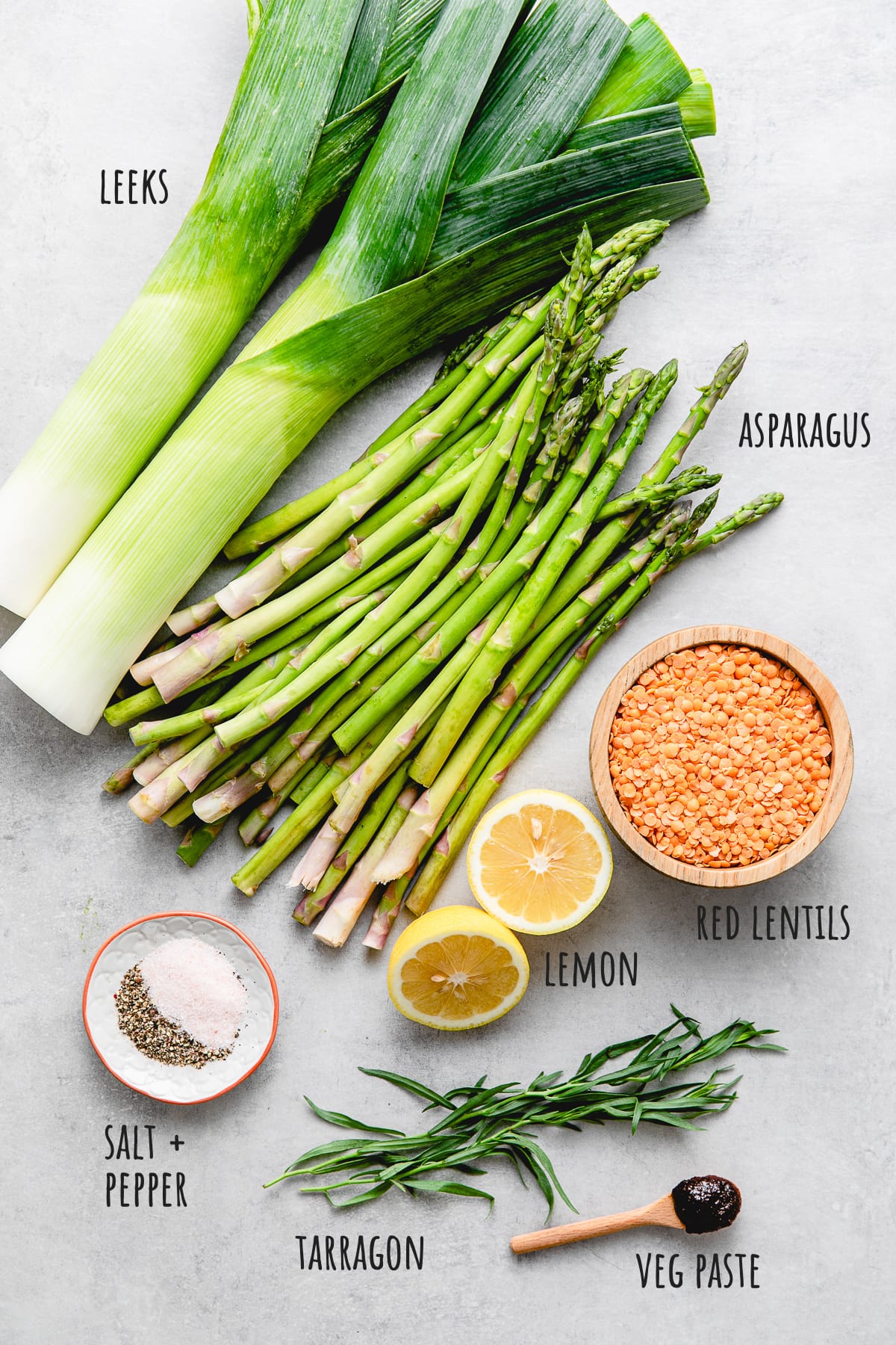 top down view of ingredients used to make easy vegan asparagus soup.
