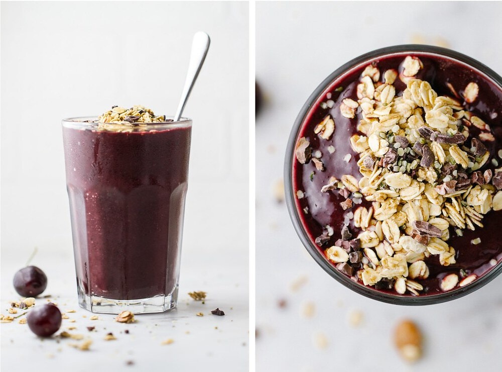 side by side picture of a head on shot of chocolate cherry smoothie in a glass, next to top down view.